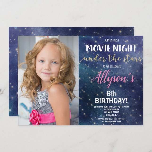 Invitación Noche de cine bajo el cumpleaños de la foto de las (Anverso / Reverso)