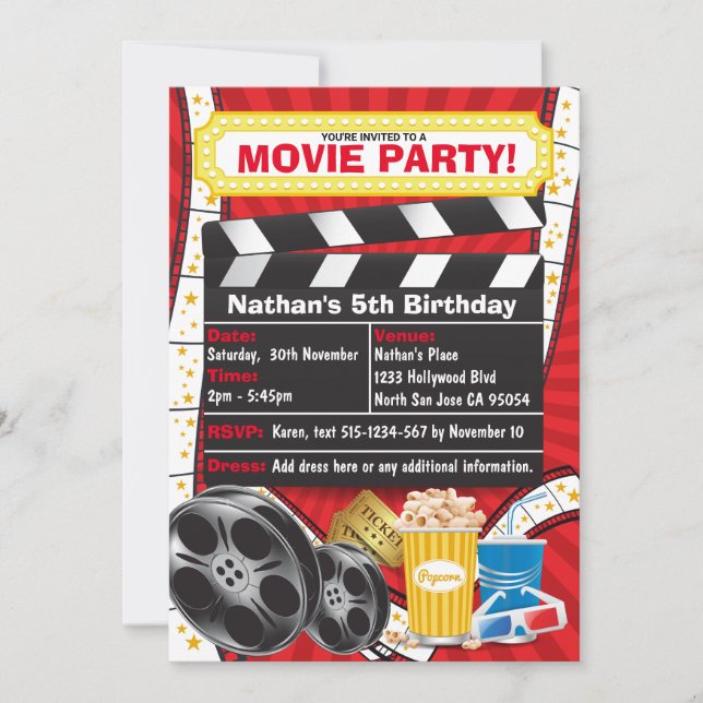 Invitación Noche de Cine Clapper de Cumpleaños de Hollywood (Anverso)