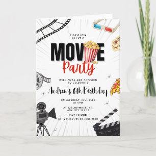 Invitación Noche de Cine Cumpleaños Pizza y Palomitas de Maíz