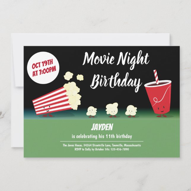 Invitación Noche de cine cumpleaños sonriente palomitas de ma (Anverso)
