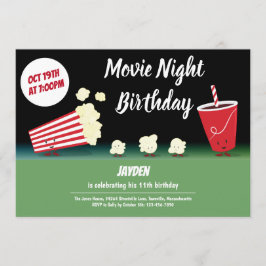 Invitación Noche de cine cumpleaños sonriente palomitas de ma
