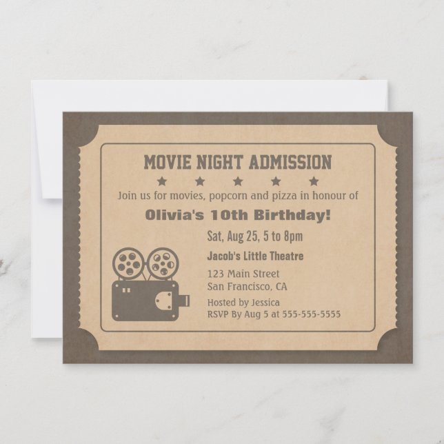 Invitación Noche de Cine de Boletos Retro Fiesta de Cumpleaño (Anverso)