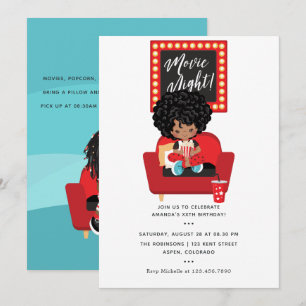 Invitación Noche de cine de chica afroamericana, fiesta de pi