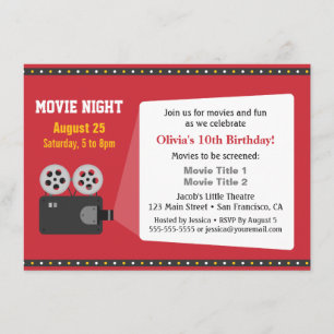 Invitación Noche de Cine de Cumpleaños con Proyector de Pelíc