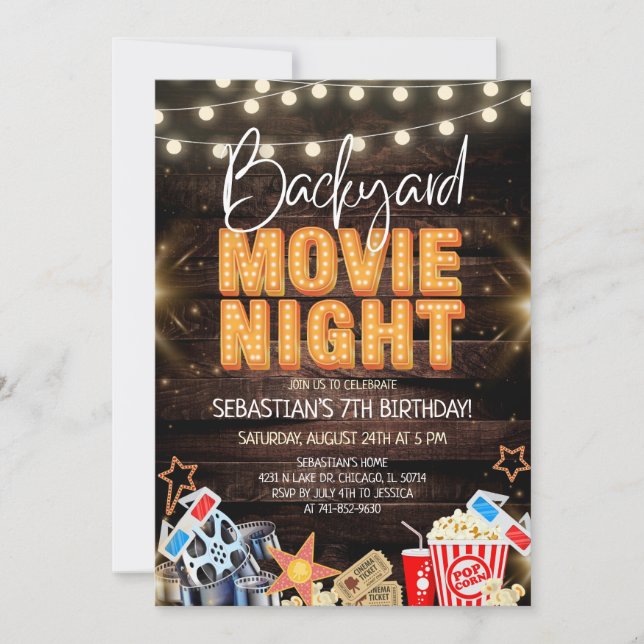 Invitación Noche de Cine de Cumpleaños en el Patio de Madera  (Anverso)