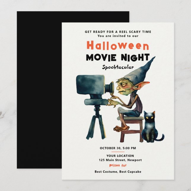 Invitación Noche de cine de Halloween Gato de Gremlin Spookta (Anverso / Reverso)