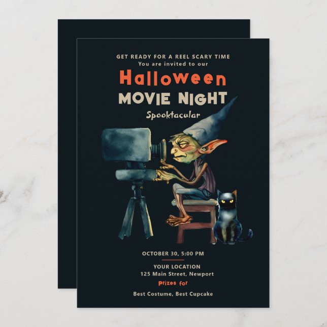 Invitación Noche de cine de Halloween Gremlin Moda negra de g (Anverso / Reverso)