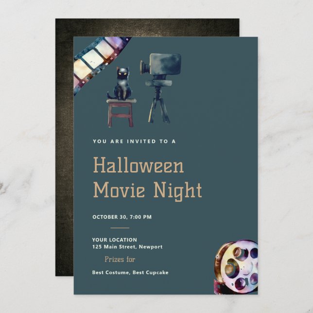 Invitación Noche de cine de Halloween Proyector de gato negro (Anverso / Reverso)