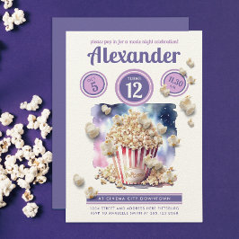 Invitación Noche de Cine de Palomitas de Maíz Moradas Femenin