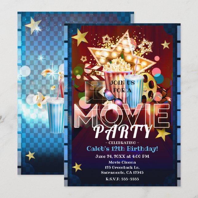Invitación Noche de Cine de Películas Cumpleaños (Anverso / Reverso)