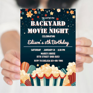 Invitación Noche de Cine en el Jardín Cumpleaños con Palomita