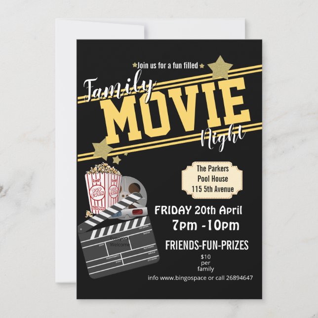 Invitación Noche de cine familiar, evento PTA fiesta de cine  (Anverso)