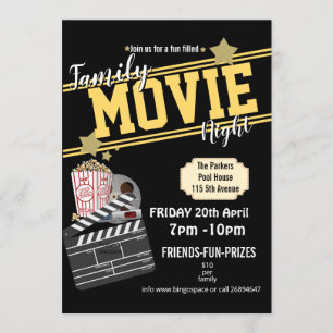 Invitación Noche de cine familiar, evento PTA fiesta de cine 