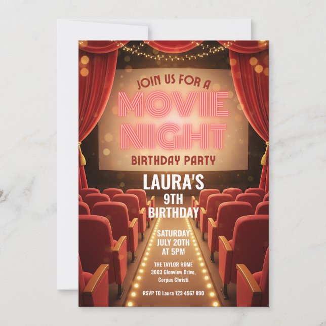 Invitación Noche de Cine Fiesta de Cumpleaños (Anverso)