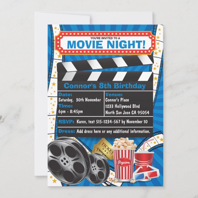 Invitación Noche de Cine Fiesta de Cumpleaños de Hollywood (Anverso)