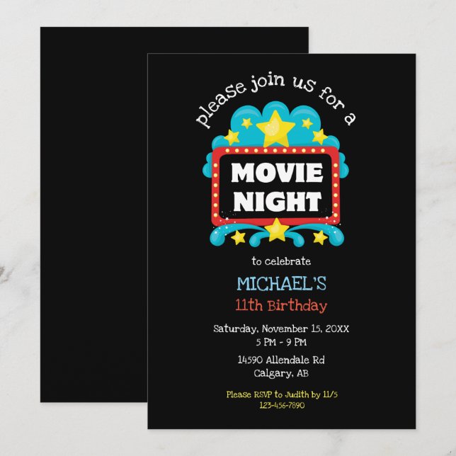 Invitación Noche de cine Fiesta de cumpleaños niños cine lind (Anverso / Reverso)