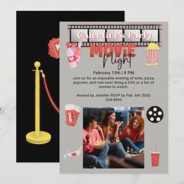 Invitación Noche de cine Fiesta de Galentine (Anverso / Reverso)