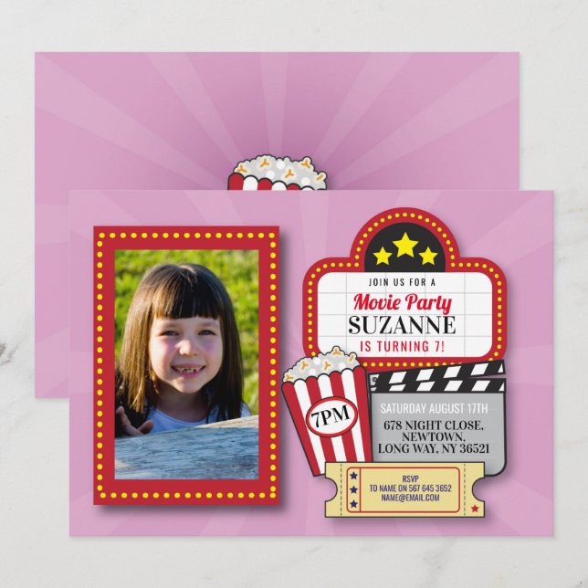 Invitación Noche de cine Nacimiento Fiesta de cine rosa Foto  (Anverso / Reverso)