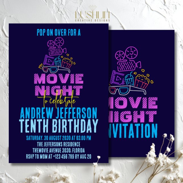 Invitación Noche de cine Neon Birthday Glow Fiesta Cinema (Subido por el creador)