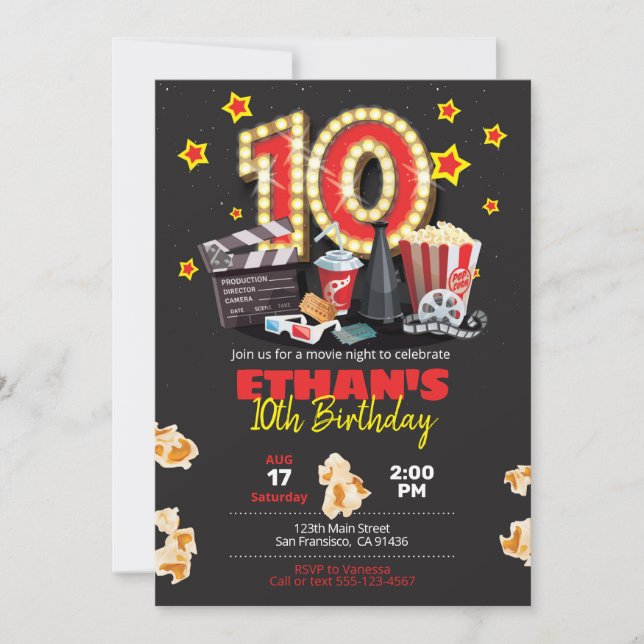 Invitación Noche de cine, teatro - Décimo cumpleaños (Anverso)