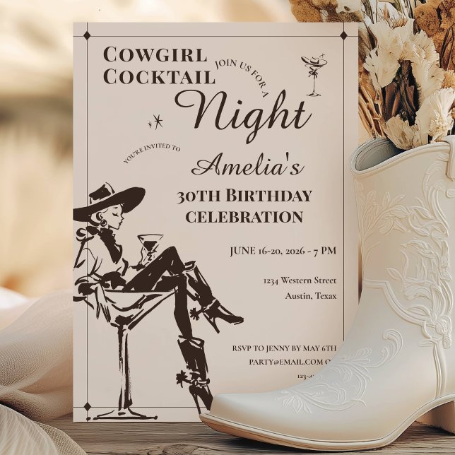 Invitación Noche de Cóctel Cumpleaños Vaquera (Cowgirl Cocktail Night Birthday Invitation)