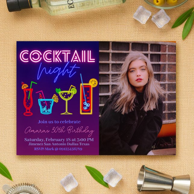 Invitación Noche de cóctel - Neón con imagen (Cocktail Night - Neon Drink Invitation)