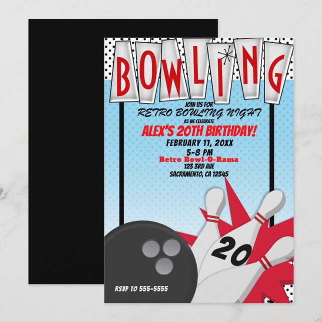 Invitación Noche de cumpleaños con bolos de boliche retro (Anverso / Reverso)