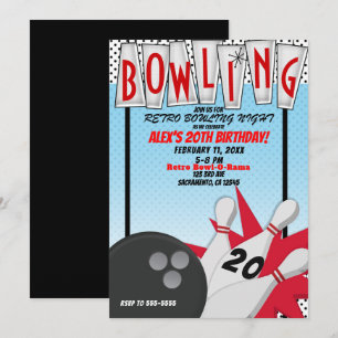 Invitación Noche de cumpleaños con bolos de boliche retro