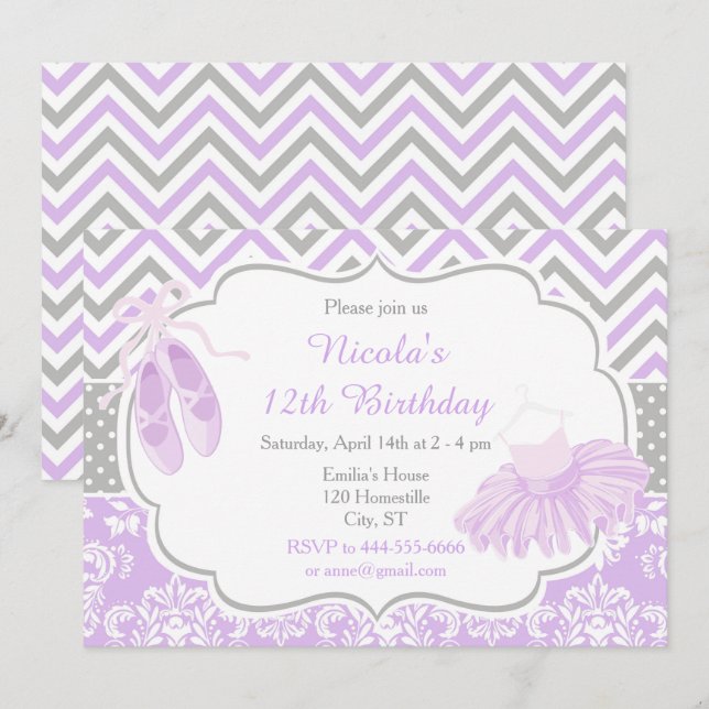 Invitación Noche de cumpleaños de Ballerina de Chevron Púrpur (Anverso / Reverso)