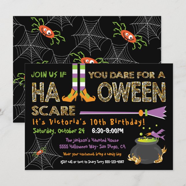 Invitación Noche de cumpleaños de Halloween bruja y calderón (Anverso / Reverso)