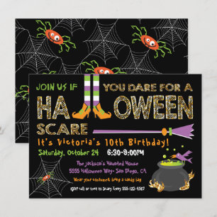 Invitación Noche de cumpleaños de Halloween bruja y calderón