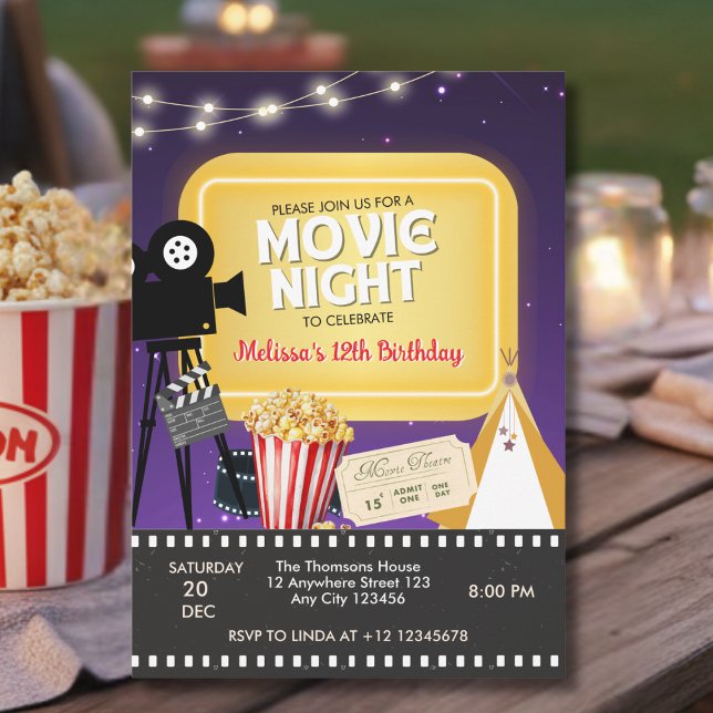Invitación Noche de Cumpleaños de Película con Palomitas en e (Subido por el creador)