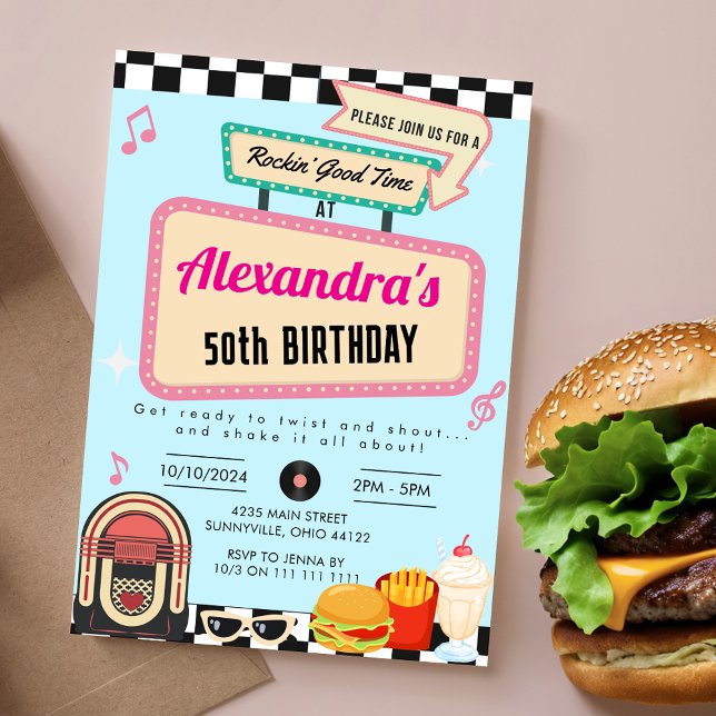 Invitación Noche de cumpleaños Diner Retro de los años 1950 (1950s Diner Retro Birthday Sock Hop Vintage Invitation)