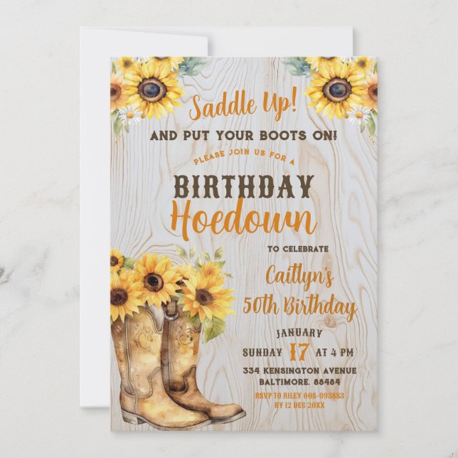 Invitación Noche de Cumpleaños Rústica de Sunflower Western H (Anverso)