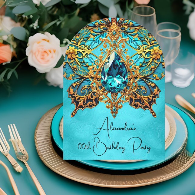 Invitación Noche de cumpleaños Verde azulada de oro azul (Subido por el creador)