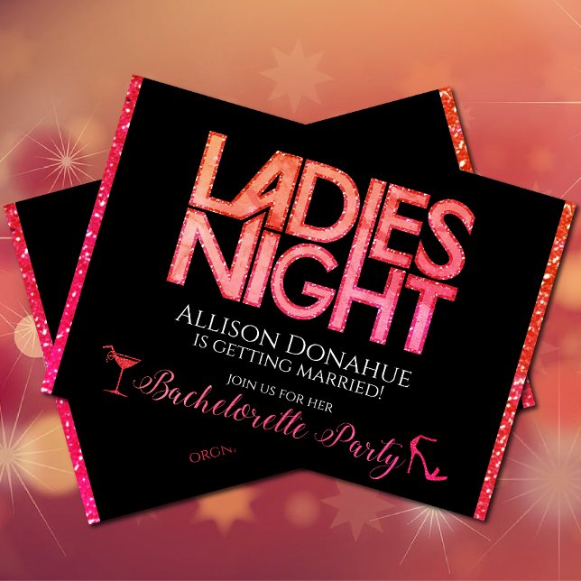 Invitación Noche de damas (Ladies Night Bachelorette party with bright pink and orange coloring)