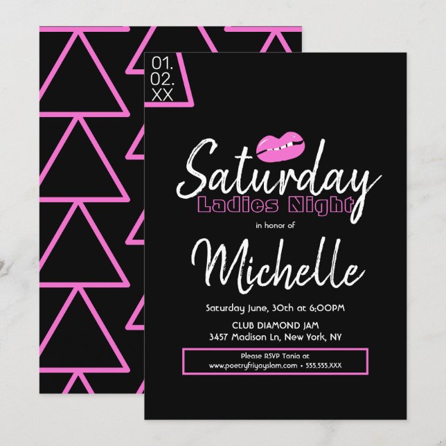 Invitación Noche de Damas Fiesta de Cumpleaños Labios Rosados (Anverso / Reverso)