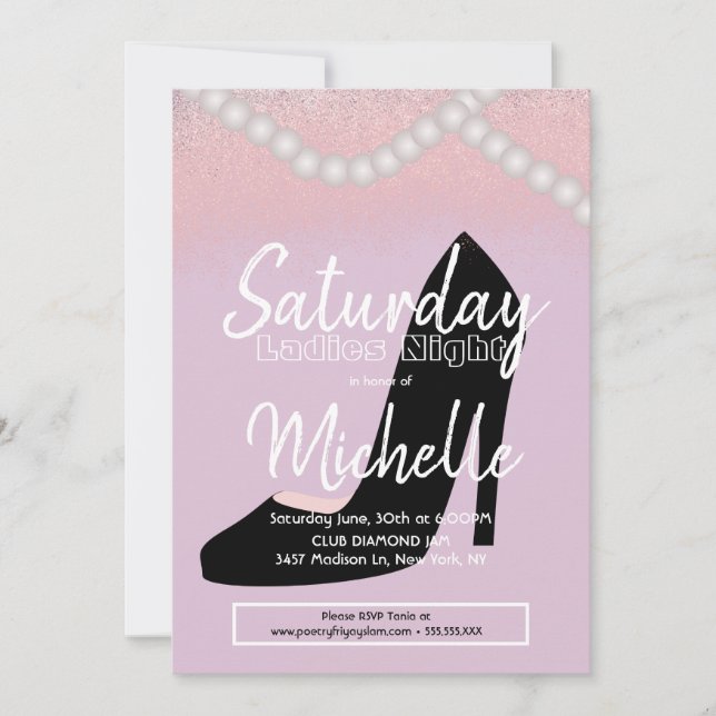 Invitación Noche de Damas Fiesta de Cumpleaños Tacones Negros (Anverso)