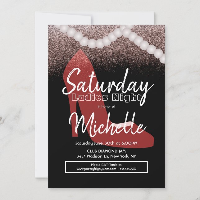 Invitación Noche de Damas Fiesta de Cumpleaños Tacones Rojos  (Anverso)