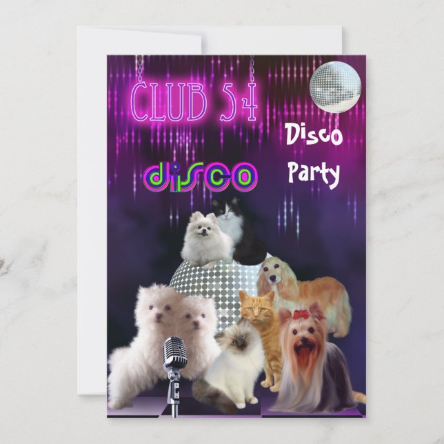 Invitación Noche de Damas Fiesta Disco Perros Gato (Anverso)