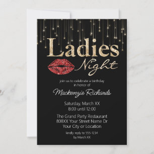 Invitación Noche de Damas Labios Rojos y Brillo Dorado