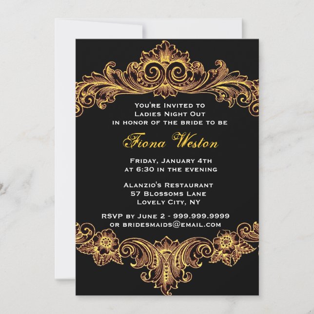 Invitación Noche de damas negro y barroca dorada (Anverso)