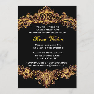 Invitación Noche de damas negro y barroca dorada