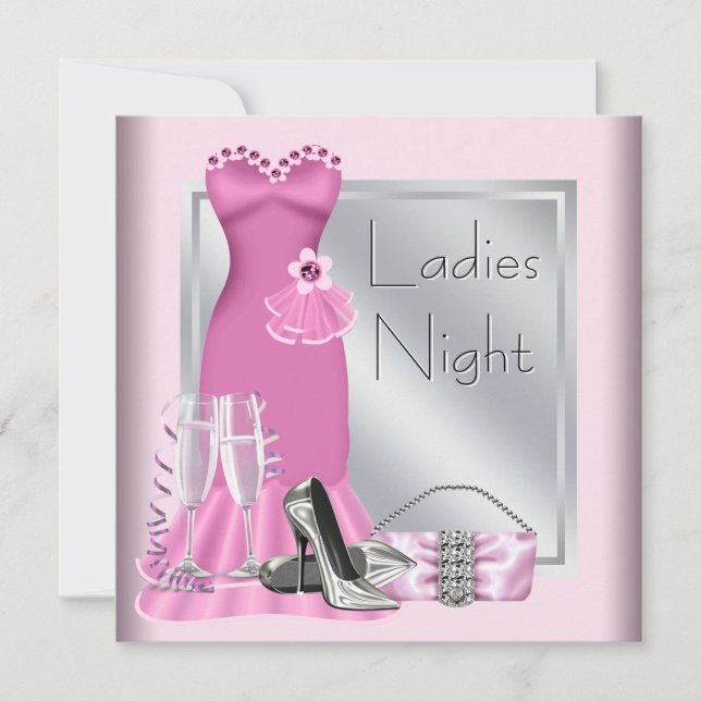 Invitación Noche de damas rosadas de champagne rosado de plat (Anverso)