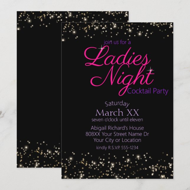 Invitación Noche de Damas Señal de Neón Rosa Fiesta de Cóctel (Anverso / Reverso)