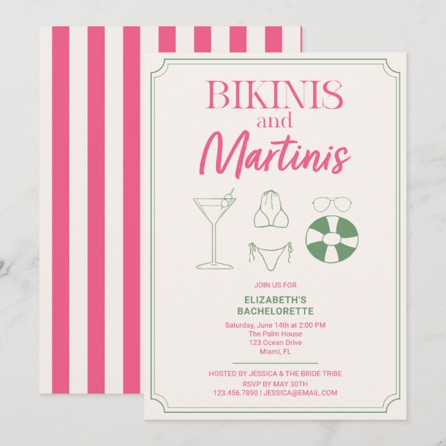 Invitación Noche de despedida de soltera con bikinis y martin (Anverso / Reverso)