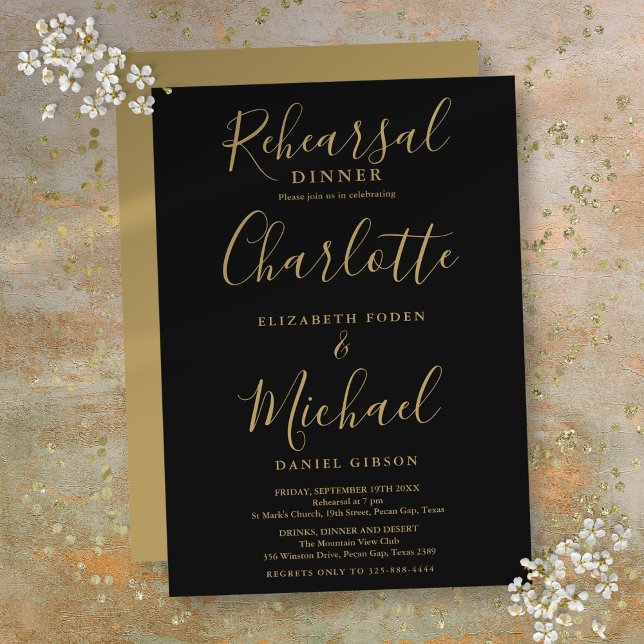 Invitación Noche de ensayo de firma con guión negro y dorado (Black And Gold Signature Script Rehearsal Dinner Invitation)