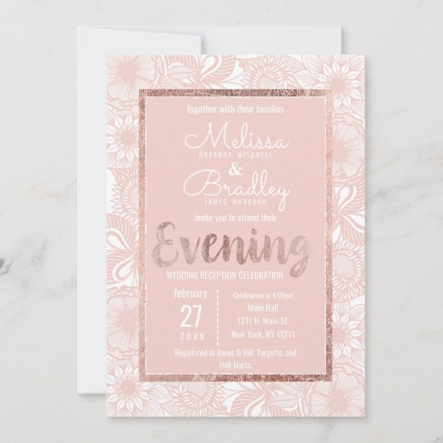 Invitación Noche de estilo floral Rosa Rubor Rosado Pincel (Anverso)