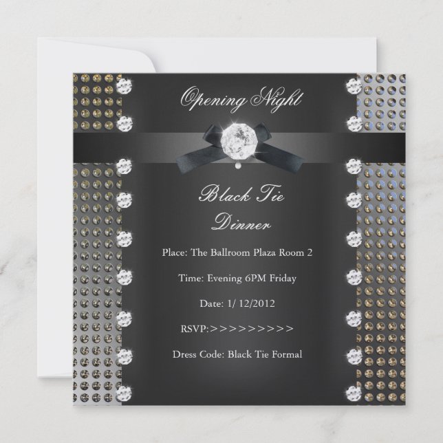 Invitación Noche de Estreno Formal de Corbata Negra Plata (Anverso)