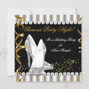 Invitación Noche de Fiesta Brillo Glamour Plata Oro Tacón Alt